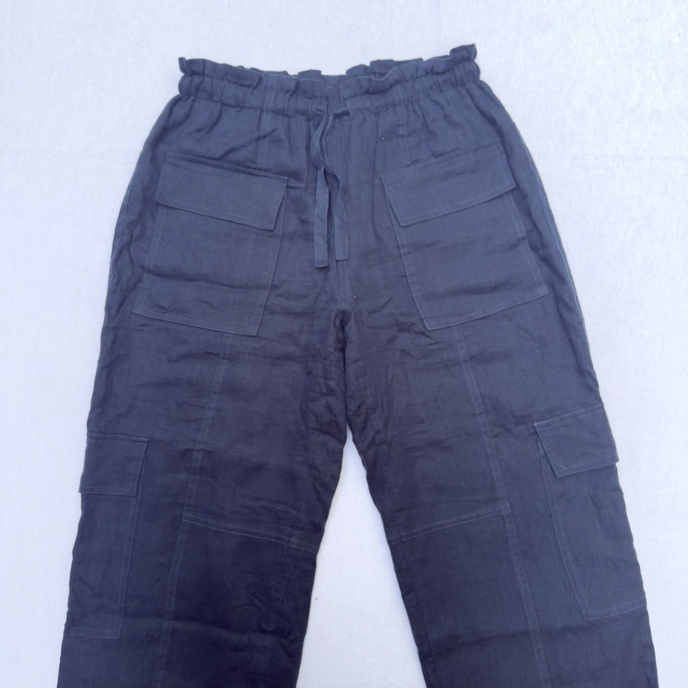 EUC Magaschoni Pants Women Sm 100% Linen Cargo Navy Blue Beachy Coastal Resort